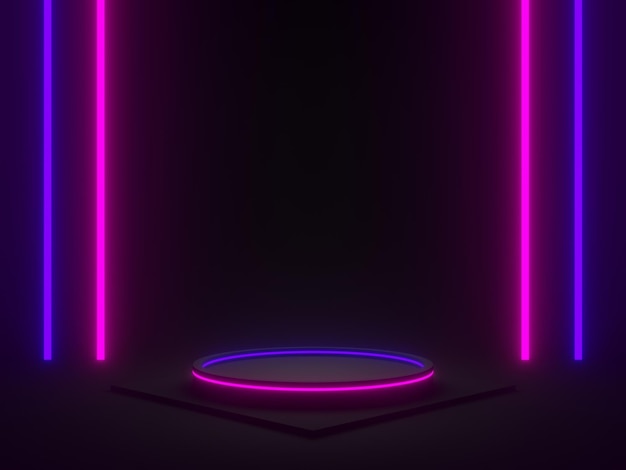 Podio geométrico negro renderizado en 3D con luces de neón azules y violetas
