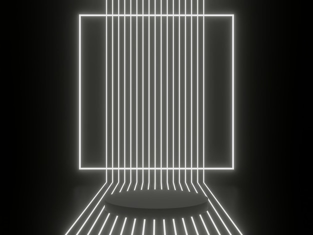 Foto podio geométrico negro renderizado en 3d con luces de neón blancas