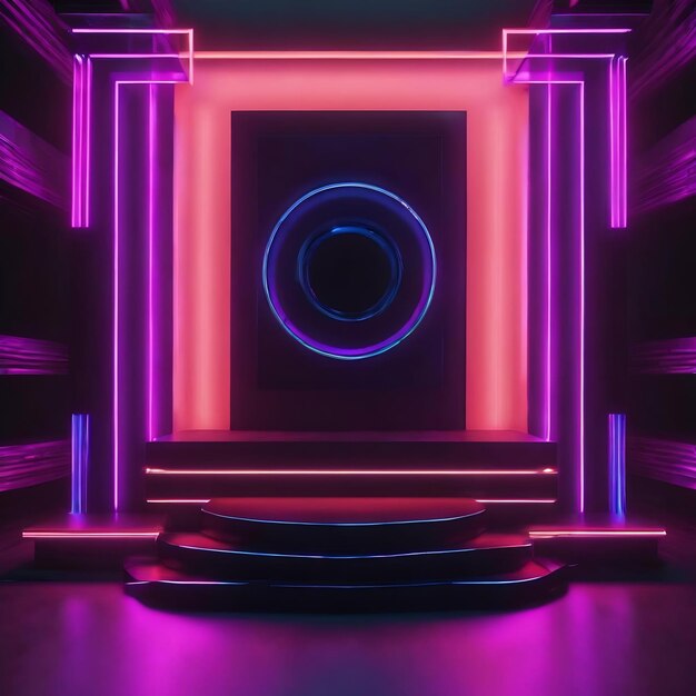 Foto pódio geométrico preto 3d com luzes de néon azuis e roxas