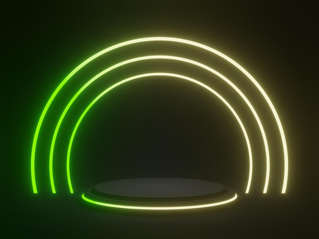 Pódio geométrico preto 3D com luzes de néon verdes e amarelas gradientes