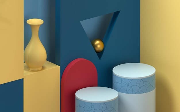 Podio en una habitación llena de formas geométricas creativas renderizado 3d