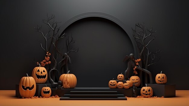 Foto podio de halloween 3d con fondo de calabaza para la presentación del producto escenario negro oscuro