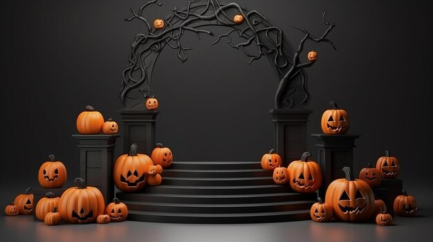 Foto podio de halloween 3d con fondo de calabaza para la presentación del producto escenario negro oscuro