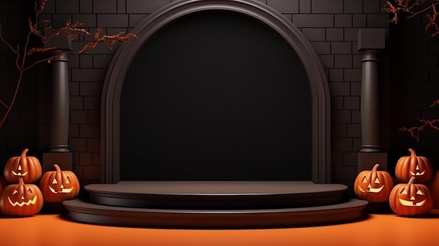 Podio de Halloween 3D con fondo de calabaza para la presentación del producto escenario negro oscuro