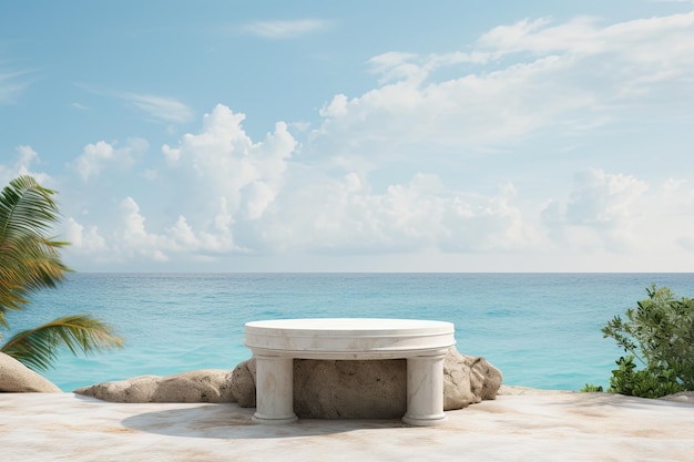 Un podio hecho de mármol se asienta sobre un terreno tropical arenoso contra un fondo borroso de un mar tropical