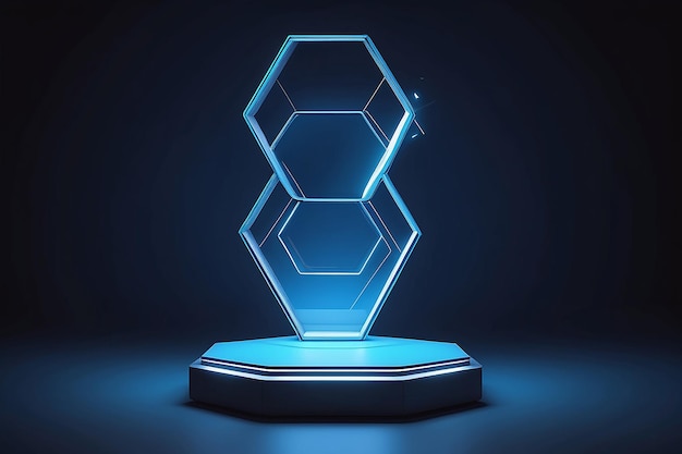 Pódio hexagonal futurista 3d para exibição de gadgets em fundo azul com longo fluorescente