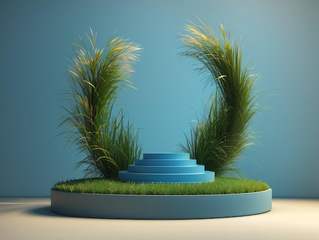Podio de hierba de naturaleza elevada sobre un fondo azul con círculo de hierba