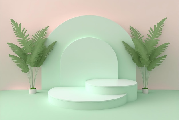 podio de hoja 3d sobre fondo verde suave para exhibición y presentación de productos