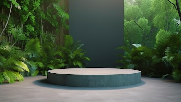 Un podio de hormigón con una pared viviente se encuentra en un bosque tropical3d rendering The Generative AI