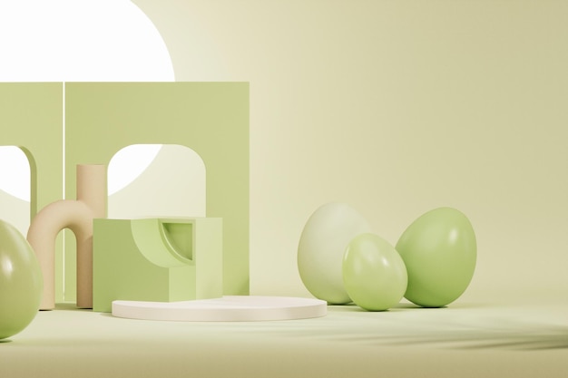 Podio de huevos de Pascua y conejo en fondo de escena verde pastel 3d render