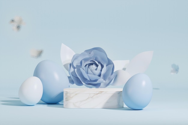 Podio de huevos de Pascua con vector de renderizado 3d en fondo azul pastel y blanco Día de Pascua con flores