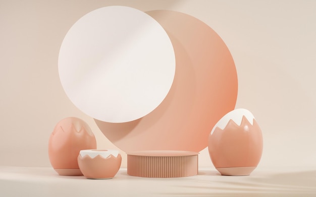 Podio de huevos de Pascua con vector de renderizado 3d en fondo beige pastel y rosa coral