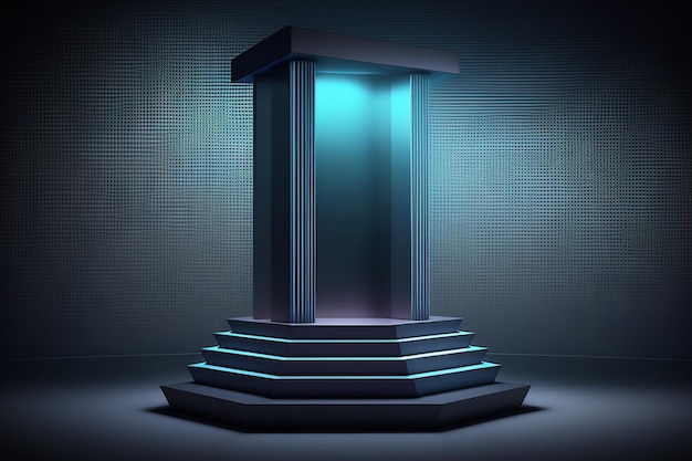 Un podio iluminado con una base azul