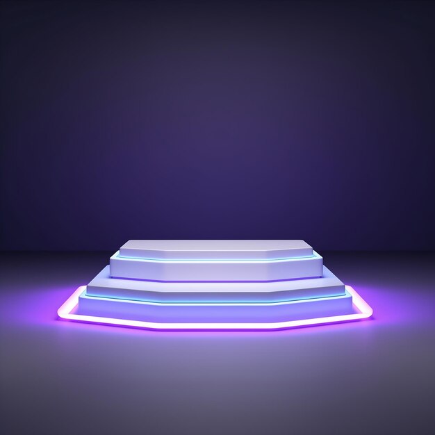 El podio iluminado con luz de neón renderización 3D luz de Neón