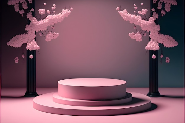podio de ilustración 3d para exhibición de productos, flor de cerezo