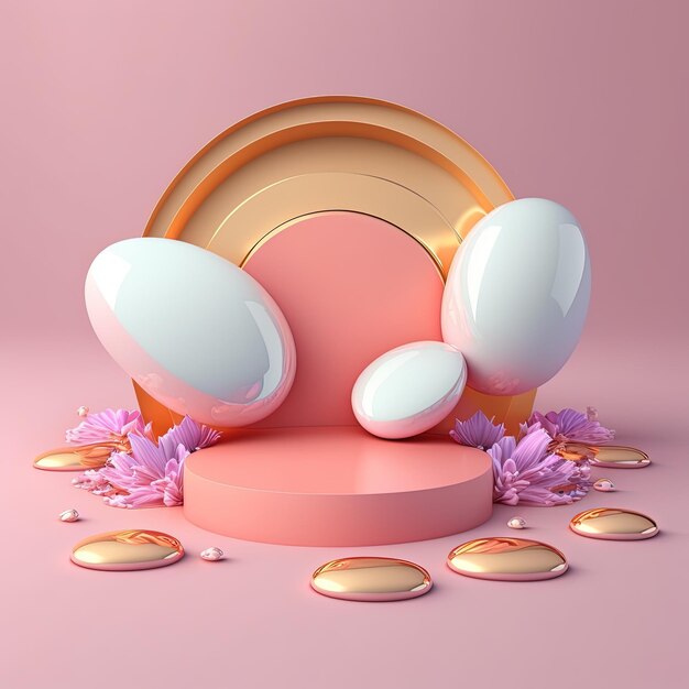 Foto podio de ilustración rosa 3d decorado con huevos y flores para stand de productos vacaciones de pascua