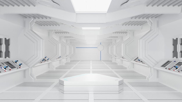 Podio en el interior de la nave espacial o de la estación espacial Escenario del túnel Sci Fi para la presentación del producto Representación 3D