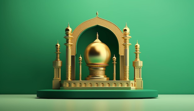 Podio islámico con objeto islámico tradicional sobre fondo verde símbolo musulmán religión