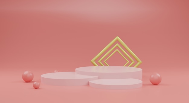 Pódio laranja e dourado em fundo rosa renderizado em 3D