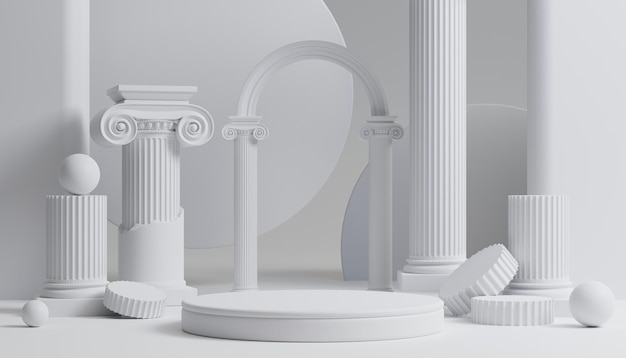 Podio de lujo 3d con columna romana para fondo de producto con fondo blanco