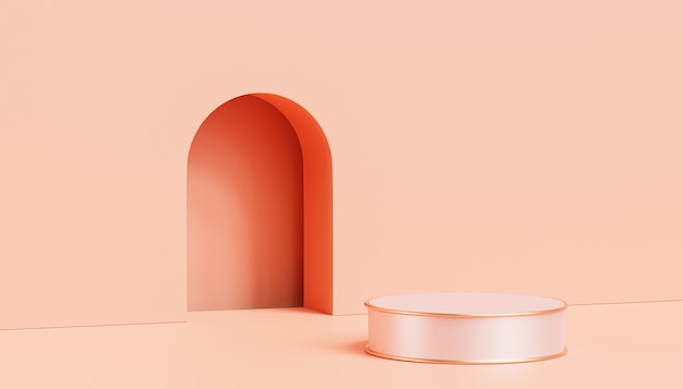 Podio de lujo beige o pedestal para productos o publicidad sobre fondo de color melocotón pastel, render 3d