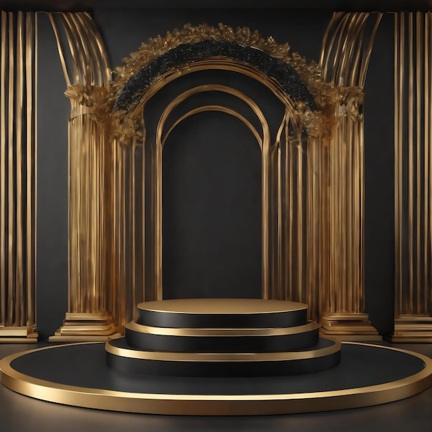 Pódio de lujo vacío de color negro y dorado, fondo de visualización de productos, renderizado en 3D