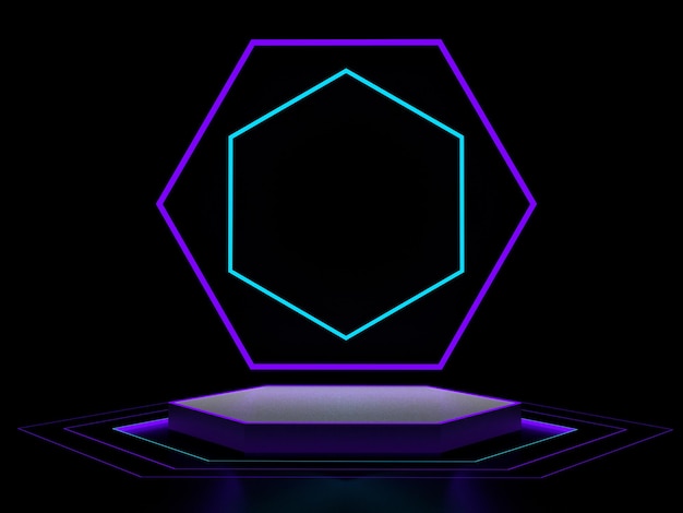 Podio de luz de neón Plataforma de escenario de hexágono abstracto para publicidad de exhibición de productos con marcos de hexágono azul realista fondo 3D render