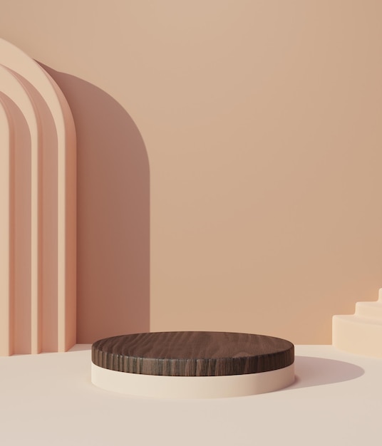 Podio de madera 3D con fondo marrón