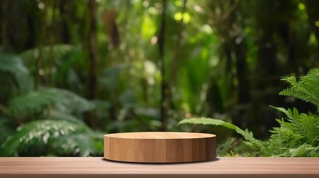 Podio de madera en bosque para presentación de productos Generative Ai