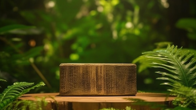 Podio de madera en bosque tropical para presentación de productos y fondo verde IA generativa