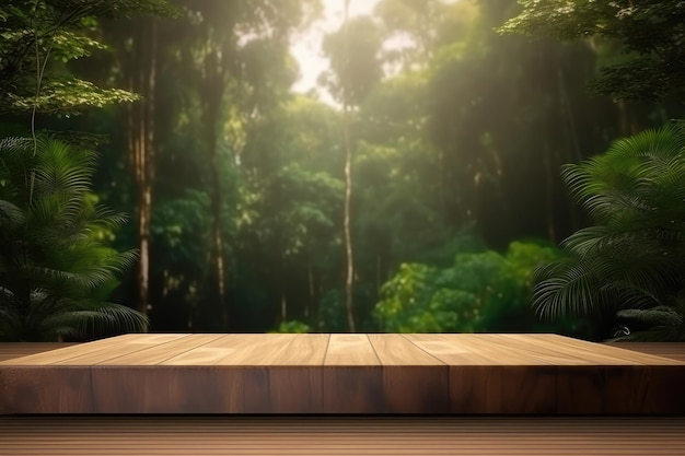 Foto podio de madera en bosque tropical para presentación de productos generado por ia