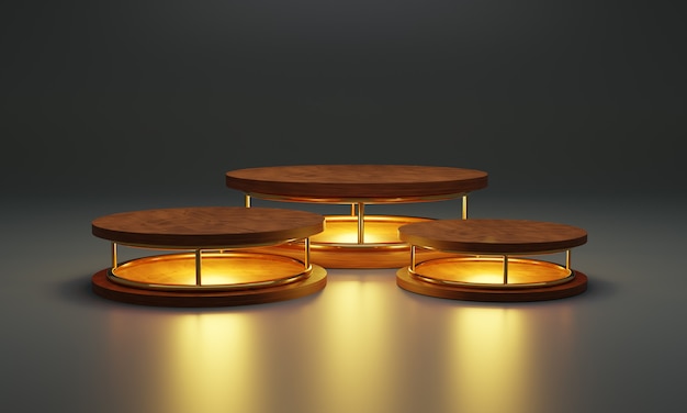 Podio de madera cilíndrica con lámpara de neón. soporte de producto, escaparate, ilustración 3d