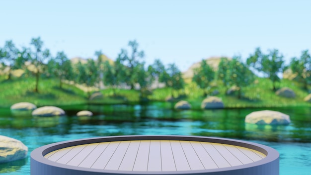 Podio de madera circular con desenfoque de fondo bokeh árboles verdes y pastos verdes en el lago 3D Render
