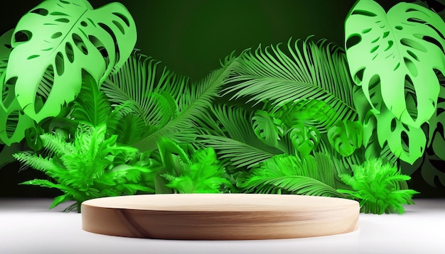 Podio de madera de la elegancia de la naturaleza en medio de un exuberante bosque tropical en representación 3D Presentación del producto Una fusión de elegancia y belleza de la naturaleza