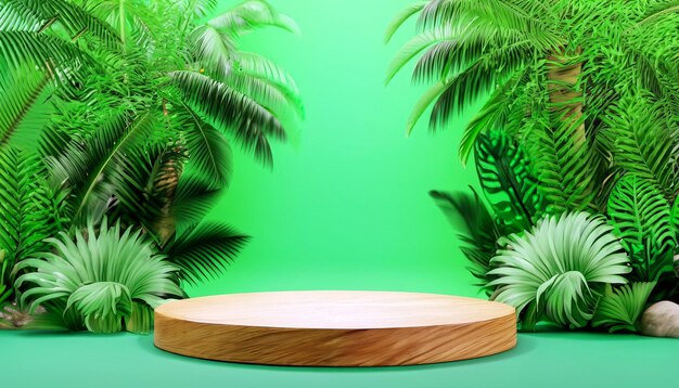 Podio de madera de la elegancia de la naturaleza en medio de un exuberante bosque tropical en representación 3D Presentación del producto Una fusión de elegancia y belleza de la naturaleza