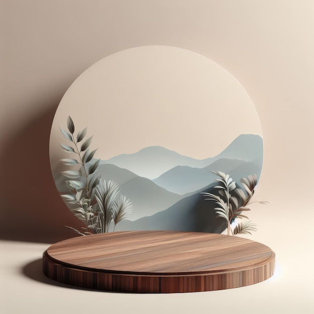 Podio de madera para exhibición de productos con pedestal de fondo abstracto para publicaciones en redes sociales