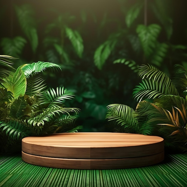 Podio de madera con fondo de bosque tropical para la presentación de productos