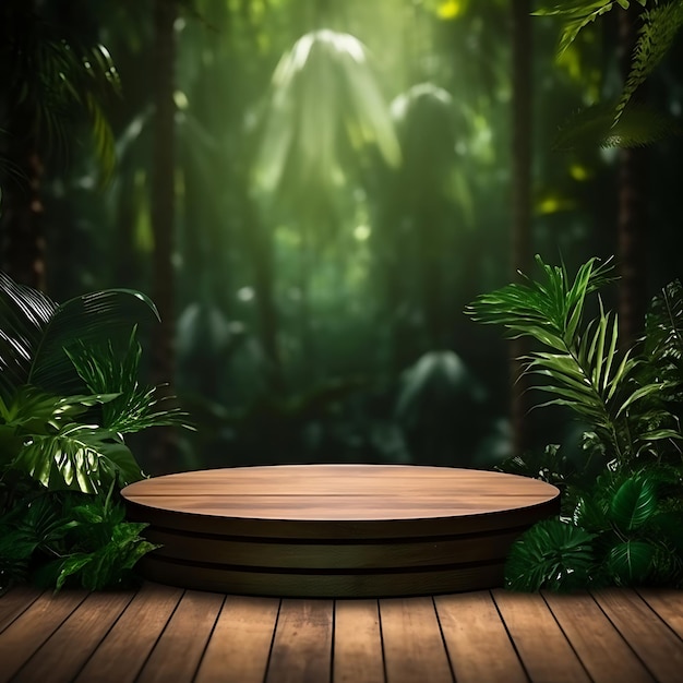 Podio de madera con fondo de bosque tropical para la presentación de productos