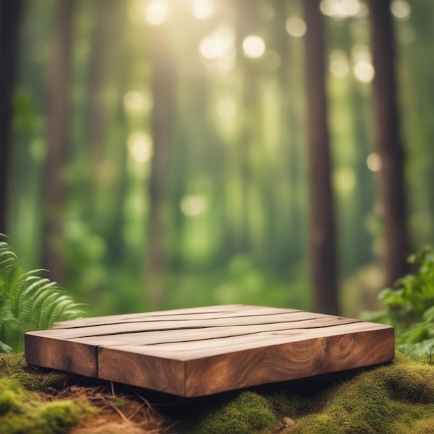 Podio de madera en el fondo del bosque