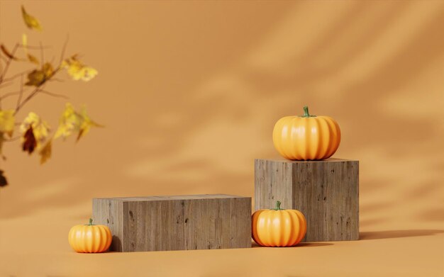 Podio de madera de Halloween con calabazas con hoja de arce en fondo naranja podio pedestal exhibición de productos fondo y Halloween Elements render 3d