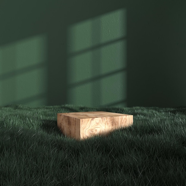 Podio de madera entre hierba verde, fondo para la demostración del producto - representación 3D