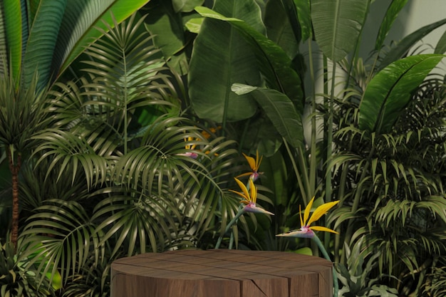 Podio de madera con jardín tropical sobre fondo verde Estudio con árboles tropicales y hojas