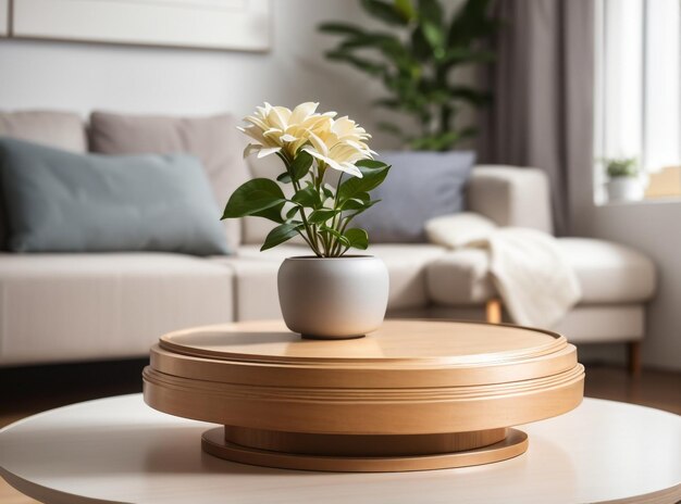 Podio de madera en la mesa en el interior de la sala de estar