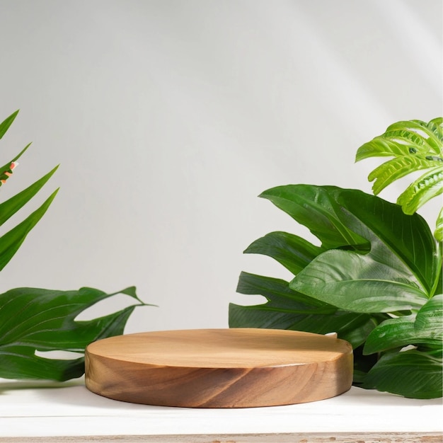 podio de madera en la mesa verde planta tropical fondo espacio blanco promoción belleza cosméticos y h