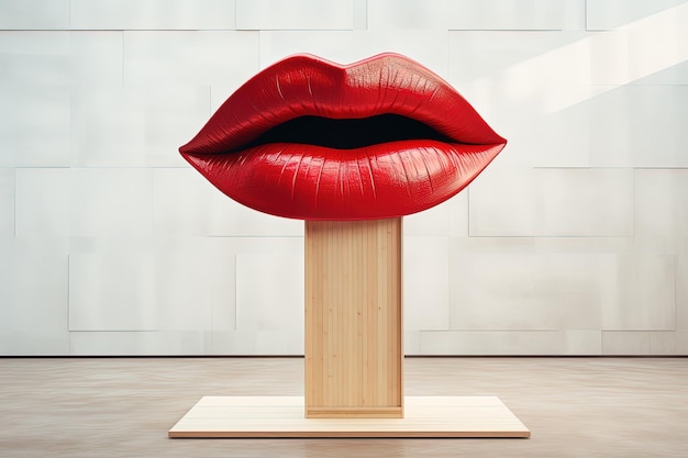 Foto podio de madera moderno con collage de labios que representa el concepto de hablar en público en el arte contemporáneo ad spac