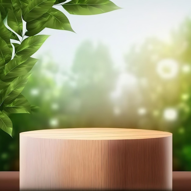 Podio de madera para la presentación del producto con hojas sobre un fondo verde con rayos de sol ilustración 3d