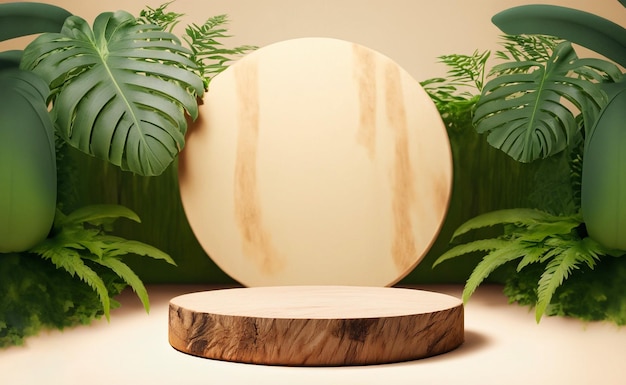 Podio de madera con renderizado 3D de plantas y hojas tropicales