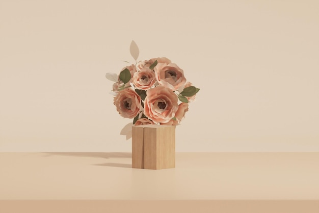 Podio de madera de representación 3D, escaparate con sombras sobre fondo pastel con pared de vidrio, flor de planta