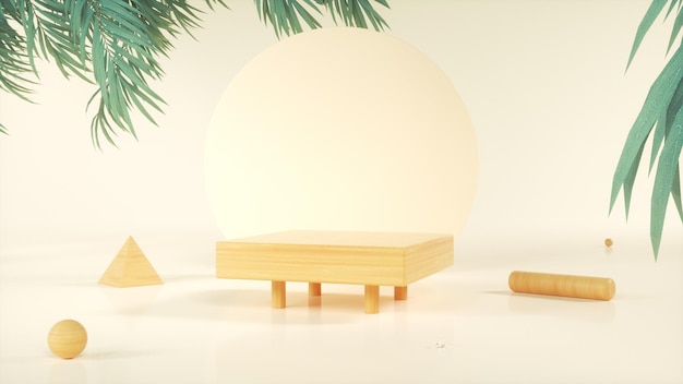 Podio de madera rodeado de primitivos de madera diseño de moda 3D rendering