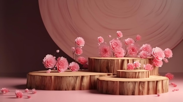 Podio de madera rústica con delicadas flores rosadas Conjunto de estudio Escaparate de productos Día de la madre San Valentín